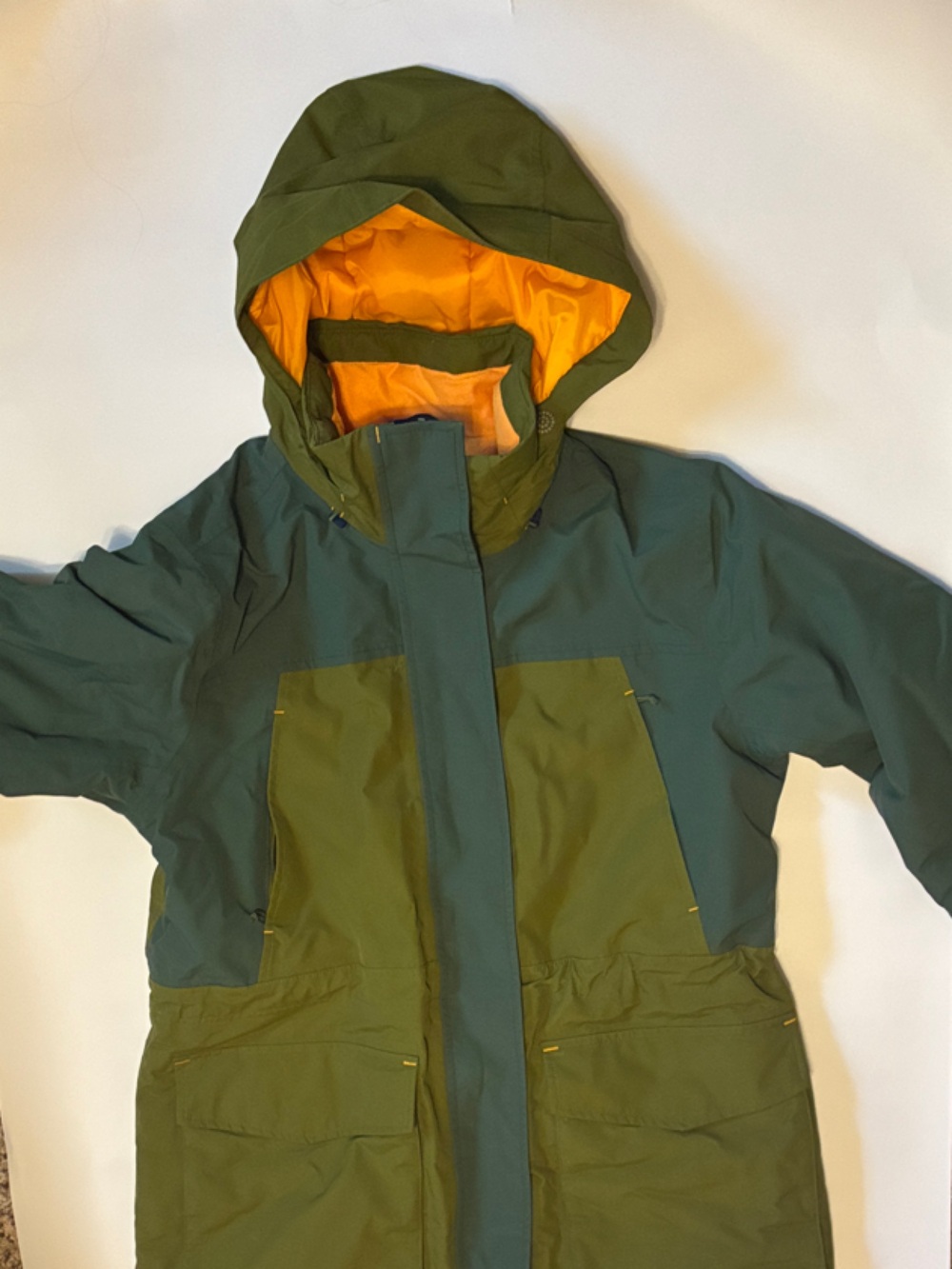 Lands' End Two-Tone Green Hooded Insulated Raincoat Squall with Orange Lining